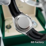 Rolex Daytona series, black dial, black bezel, silver case, 40mm, rubber strap.